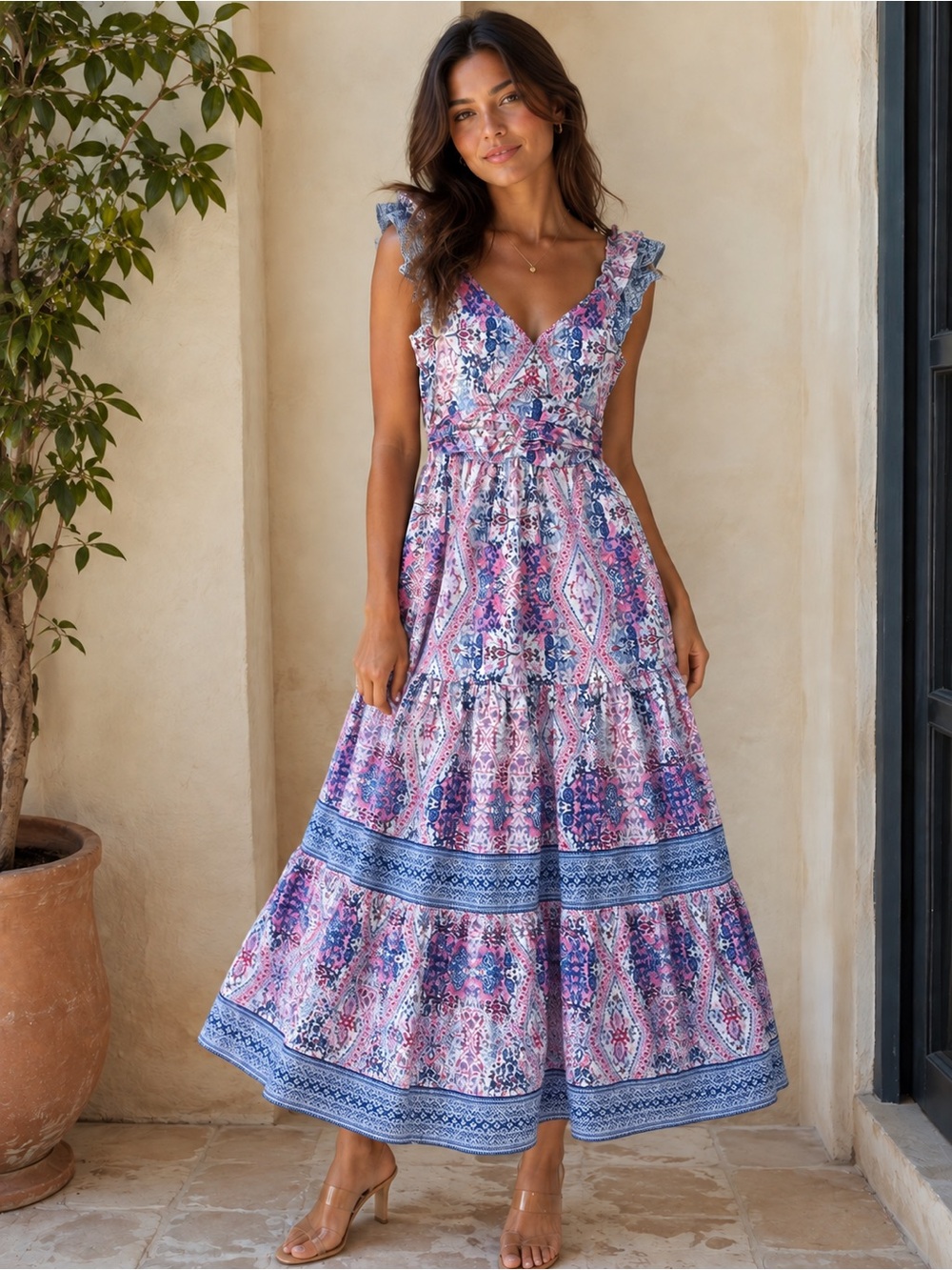 Caroline Constas Tiered Romantic Floral Ruffled Shoulder Ruched Waist Maxi Dress